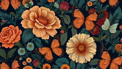 Wall Mural - Seamless vector pattern with Victorian bouquet and butterflies. Garden flowers. Colorful Generative AI