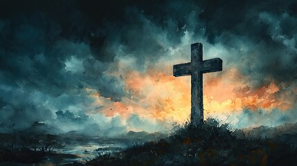 Wall Mural - A watercolor painting depicts a cross against a stormy, dark sky