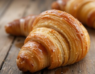 Wall Mural - Golden Brown Croissants on Rustic Wooden Table: Delicious Pastry Close-up Photography