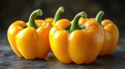 Poster - Vibrant Yellow Bell Peppers with Water Droplets Close-up