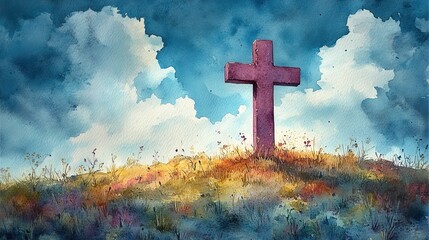 Wall Mural - A watercolor painting of a purple cross on a hill with space for text, ideal for Easter-themed designs