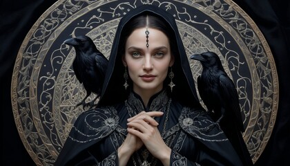 Mysterious Woman in Black Robes with Ravens, Intricate Circular Background, Dark Fantasy Portrait