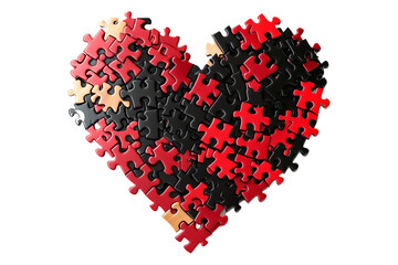 Heart shaped puzzle formed by black and red pieces in glossy style isolated on white transparent background