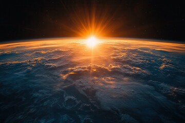 Wall Mural - Bright sunrise over Earth seen from space highlighting clouds and atmosphere