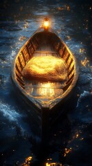 Wall Mural - Glowing Fishing Net in Wooden Boat at Night