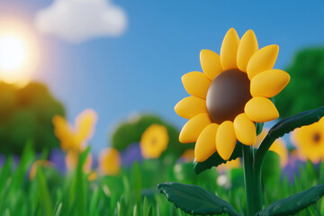 Poster - Claymation flower, A vibrant claymation scene depicting a sunflower field at sunset, featuring glowing elements for a whimsical and artistic touch.