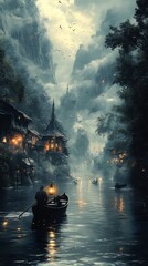 Wall Mural - Mystic River Village Landscape at Dusk Digital Art