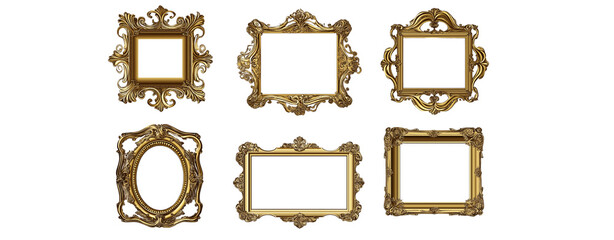 Wall Mural - Set of pink flowers isolated on a transparent backgroun - Set of golden vintage frames isolated on a transparent background