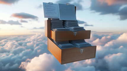 Wall Mural - cloud storage and computing service with a man uploading and downloading information from the cloud 