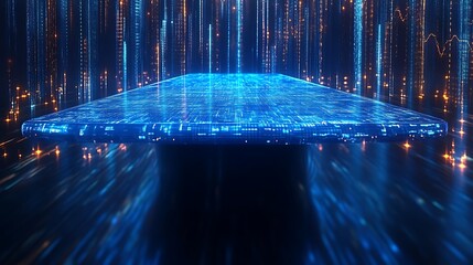 Futuristic Digital Table Hovers In Blue Data Stream