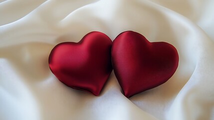 Canvas Print - Two red hearts resting on white silk fabric.