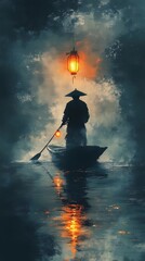 Wall Mural - Serene Night Boatman Lantern Painting Asian Art