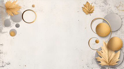 Wall Mural - A creative poster showcasing contemporary Nordic wall art with golden leaves, circles, and a grunge backdrop.