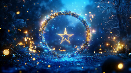 Merry Christmas festive shining poster of glowing circle of blue light with sparkling star and glittering flash. Winter holiday greeting card, xmas decoration design