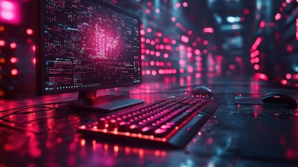 Illuminated computer screen displaying code in a server room.