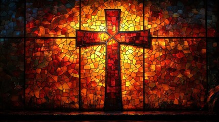 Wall Mural - Illuminated stained glass cross window.