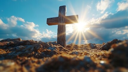 Wall Mural - A wooden cross against a bright blue sky with rays of sunlight, perfect for Easter or religious-themed banners