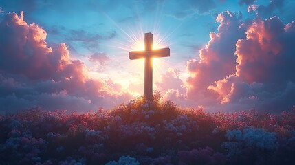 Wall Mural - A wooden cross with sun rays and a blue sky, designed as a banner for Christian or Easter themes