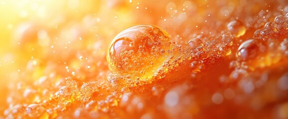 Wall Mural - Macro shot of a large droplet of amber liquid resting on a surface of smaller bubbles.