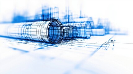 Blueprint Visualization of Industrial Pipes in Abstract Design with Technical Elements