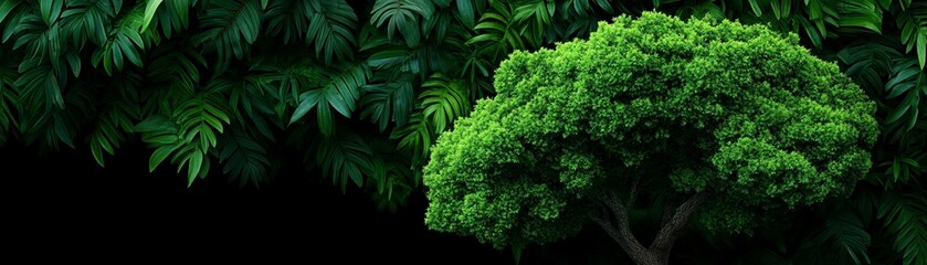 Lush Green Canopy: A vibrant, lush green tree stands majestically against a backdrop of dark, tropical foliage, creating a striking contrast of textures and tones.