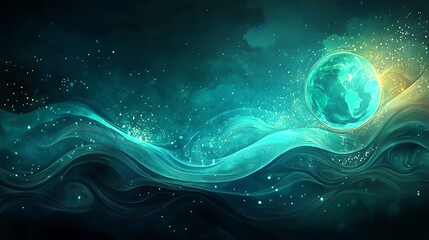 Wall Mural - Celestial Earth: A Serene Teal Abstract with Glowing Planet