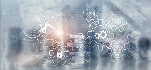 Wall Mural - gear icons on city background. rpa robotic process automation