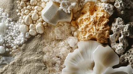 Sticker - Close-up of textured beige and white organic shapes resembling coral and crystals on sand.