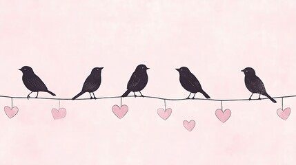 Canvas Print - Five black birds perched on a wire with pink hearts.