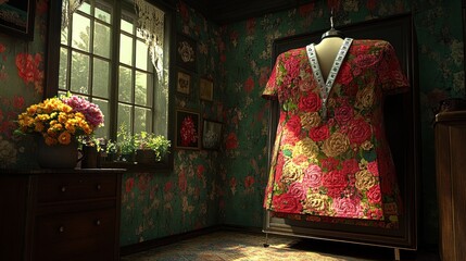 Sticker - Floral dress on a mannequin in a vintage room.