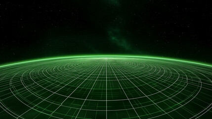green grid universe: an abstract digital art depicting a futuristic, grid-like planet against a deep