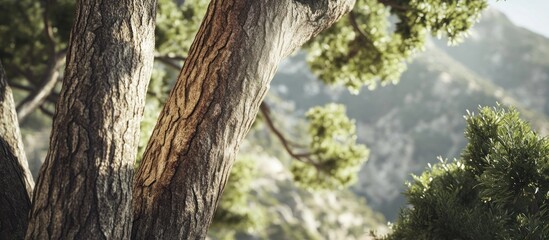 Close-up of tree bark texture with blurred mountain background.