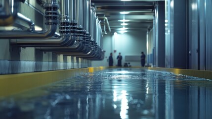 Sticker - Industrial water treatment plant interior with pipes and workers.