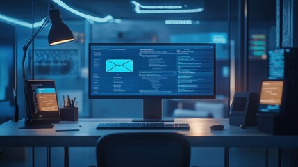 Night scene of modern workspace with computer displaying email notification and code.