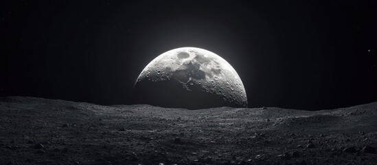 Wall Mural - Moonrise over lunar landscape, craters visible, half-moon, night sky.