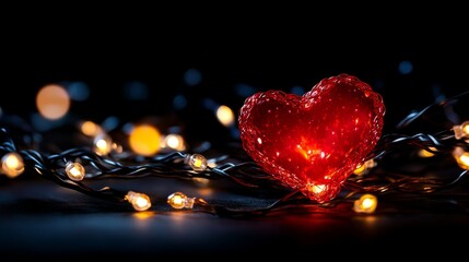 Wall Mural - romantic red heart valentine bokeh lights on a black background featuring glowing warm tones and sof