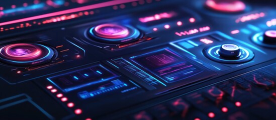 Futuristic digital interface with glowing buttons and screens.
