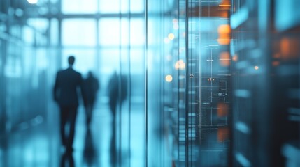 Wall Mural - blurred businesspeople walking past a server room.