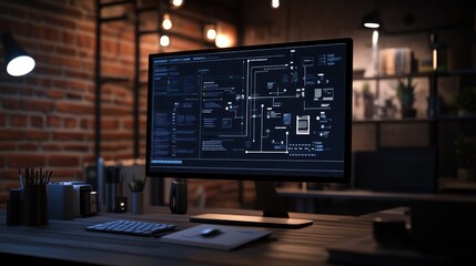 Computer screen displaying complex code in a dark, industrial-style workspace.