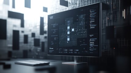 Futuristic computer screen displays complex data in a modern, dark tech environment.