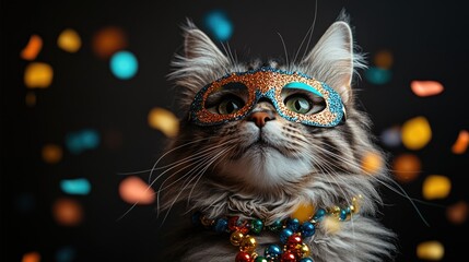  Fluffy cat wearing glitter mask and bead necklace in confetti shower. Mardi Gras, Fat Tuesday, Carnival Season. Bright Parades, Masks, Festive Costumes, Vibrant Atmosphere