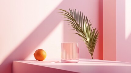 Sticker - Minimalist still life of orange and palm leaf in glass on pink surface with sunlight.