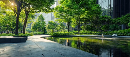 sunlit urban park with reflecting pond, green trees, and modern buildings.