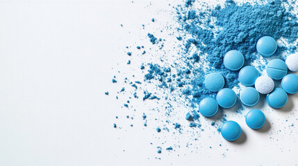 Bright blue powder and pills spread artistically on a clean white background inviting creative exploration