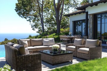 Patio furniture set with four chairs, two armchairs, and outdoor table in light brown color, with beige cushions. Seaside view with blue sea and tree, white flower bouquet on chair.