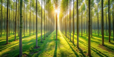 Sticker - Sunlit Grove Serene Rows of Trees Casting Long Shadows on Lush Green Grass at Dawn