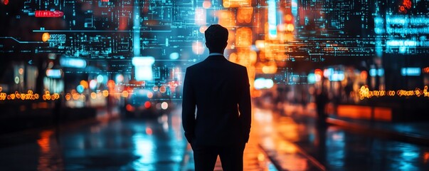 Leinwandbilder - Businessman standing confused in a futuristic smart city street