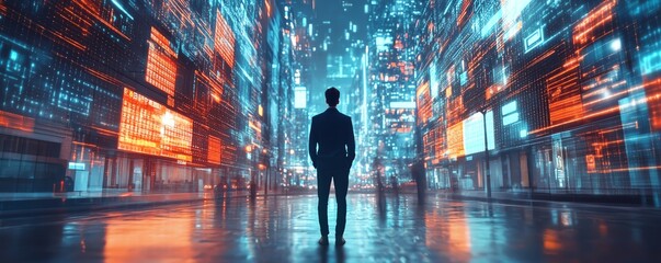 Leinwandbilder - Businessman standing confused in a futuristic smart city street