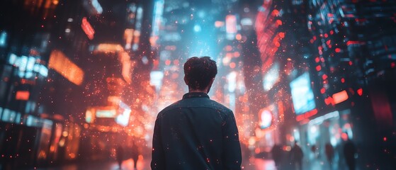 Leinwandbilder - Futuristic smart city street with a businessman looking confused