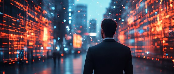 Leinwandbilder - Futuristic smart city street with a businessman looking confused